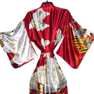 Vintage Satin Authentic Japanese Kimono Open Front Sash Tie Red White Maxi OS